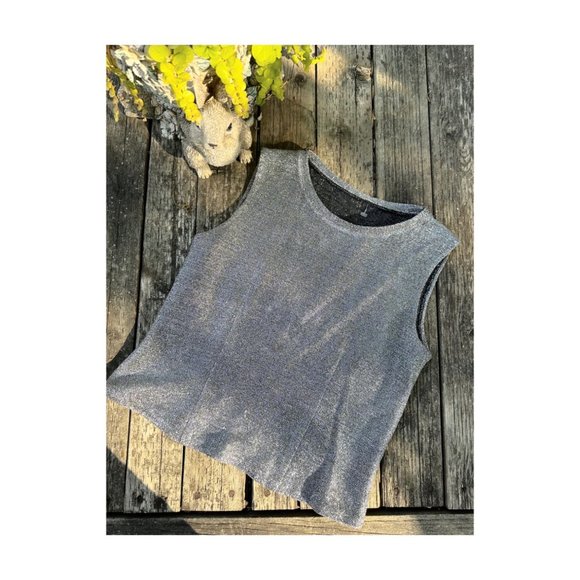 SOLD 90s Silver Metallic Sleeveless Crop Top Tinsel Sparkle Shimmer Silver Lamé - Picture 1 of 8